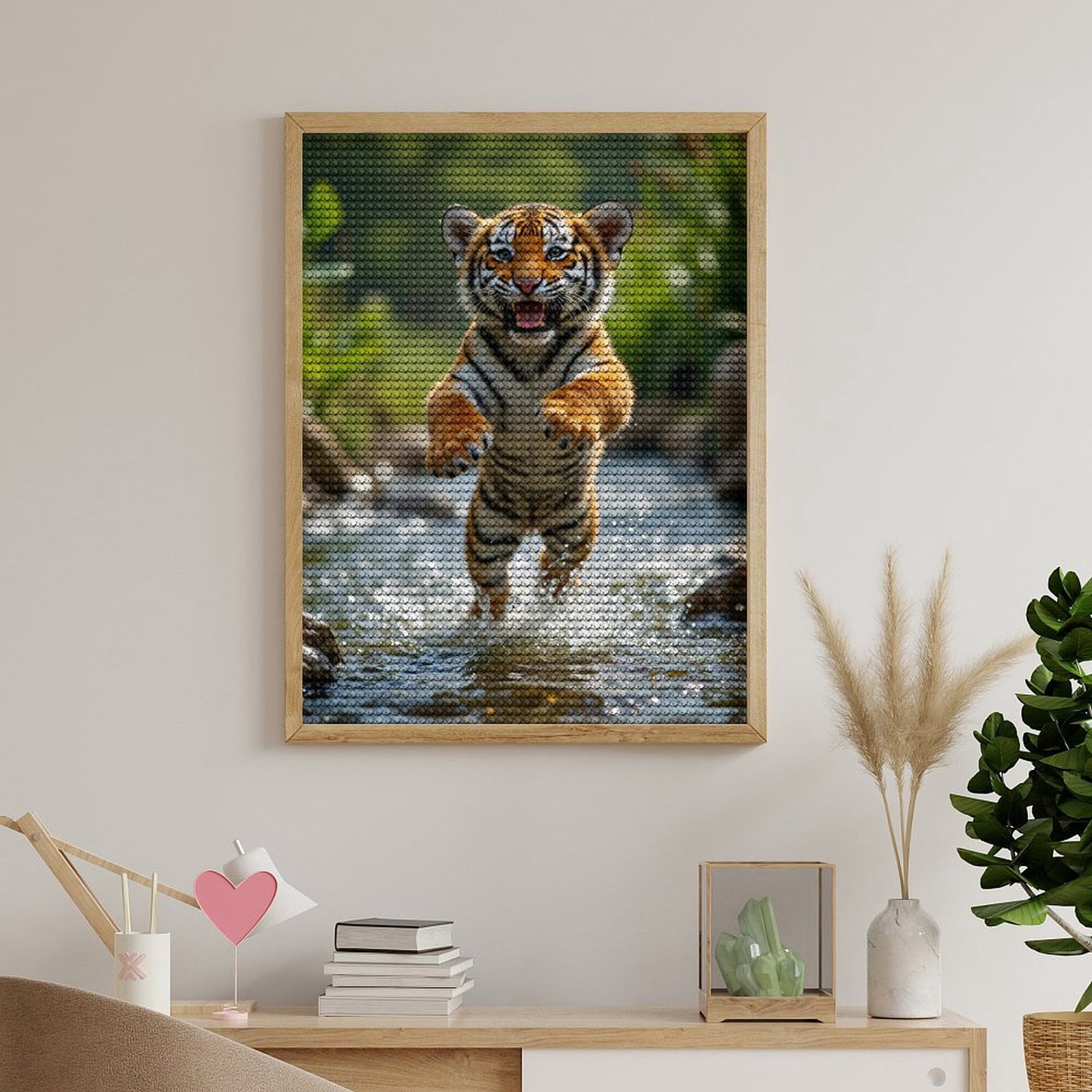 Diamond Art Kits for Adults, Playful Tiger Cub Stream Splash 5D Diamond Painting Kits for Adults Beginners, DIY Full Drill Diamond Painting, Gem Art and Crafts 12x16