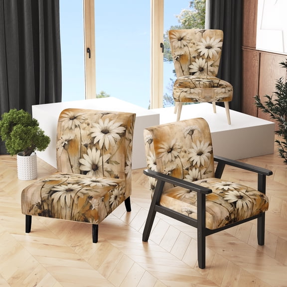 Designart "Vintage Elegance in Brown Daisy Flowers I" White Floral Upholstered Accent Chair - Traditional Arm Chair For Bedroom
