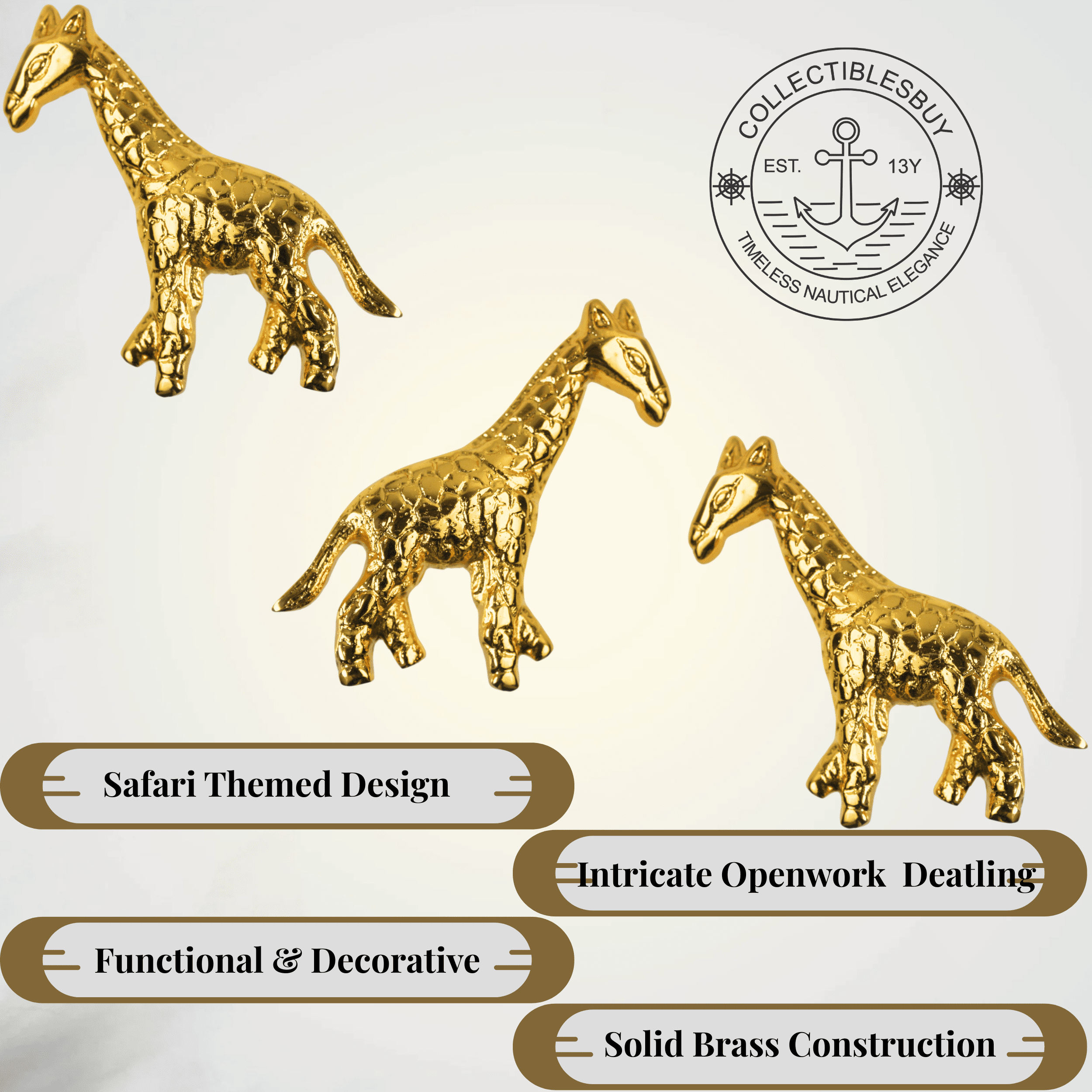 Vintage Shiny Brass Giraffe Cabinet Knob – Unique Animal Drawer Pull Handle for Room, Dresser, Cupboard & Closet | Nature Theme Furniture Hardware (Giraffe Set of 3)