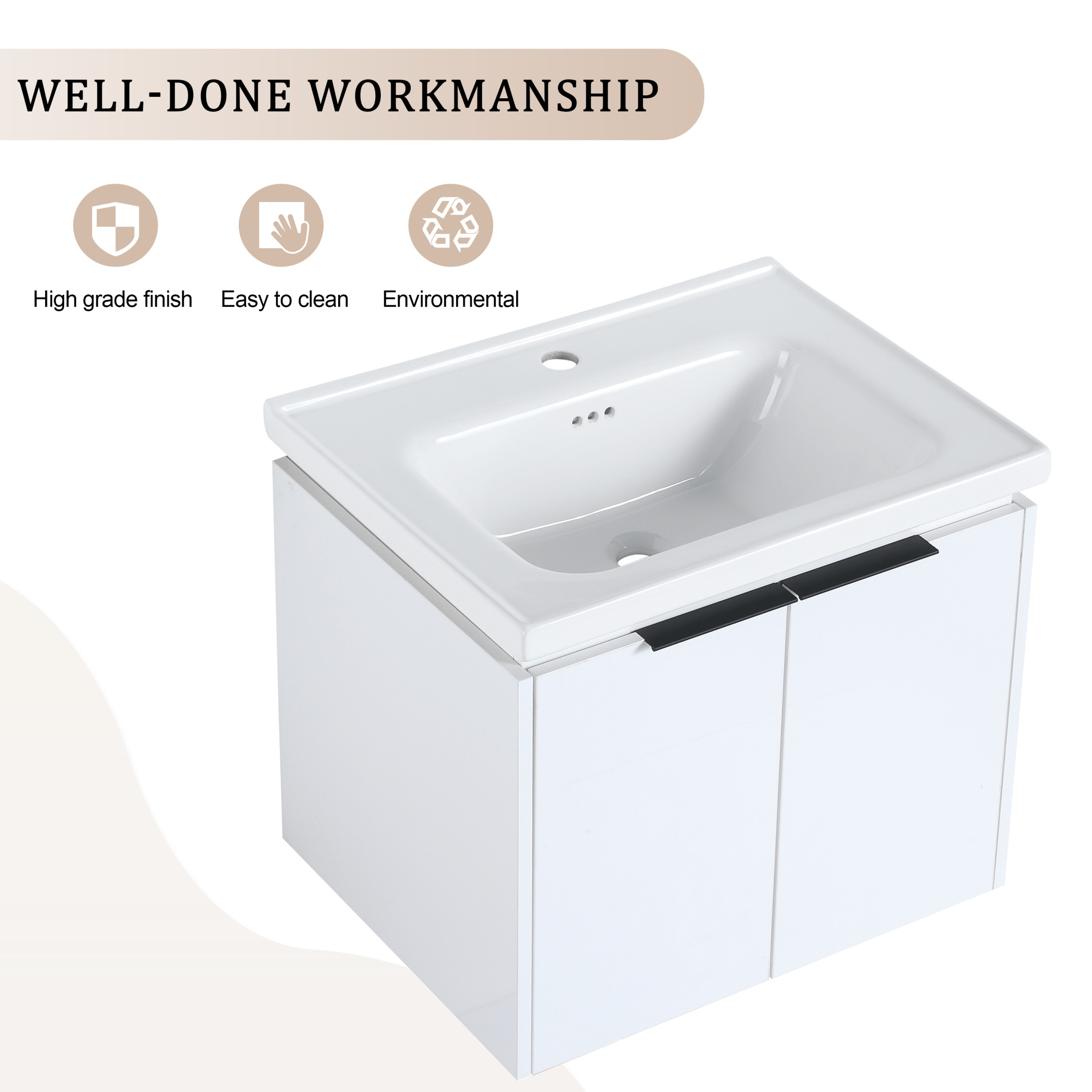 Noble House 36" Wall-Mounted Bathroom Vanity with Ceramic Sink, Soft-Close Doors, Small Storage Shelves, White