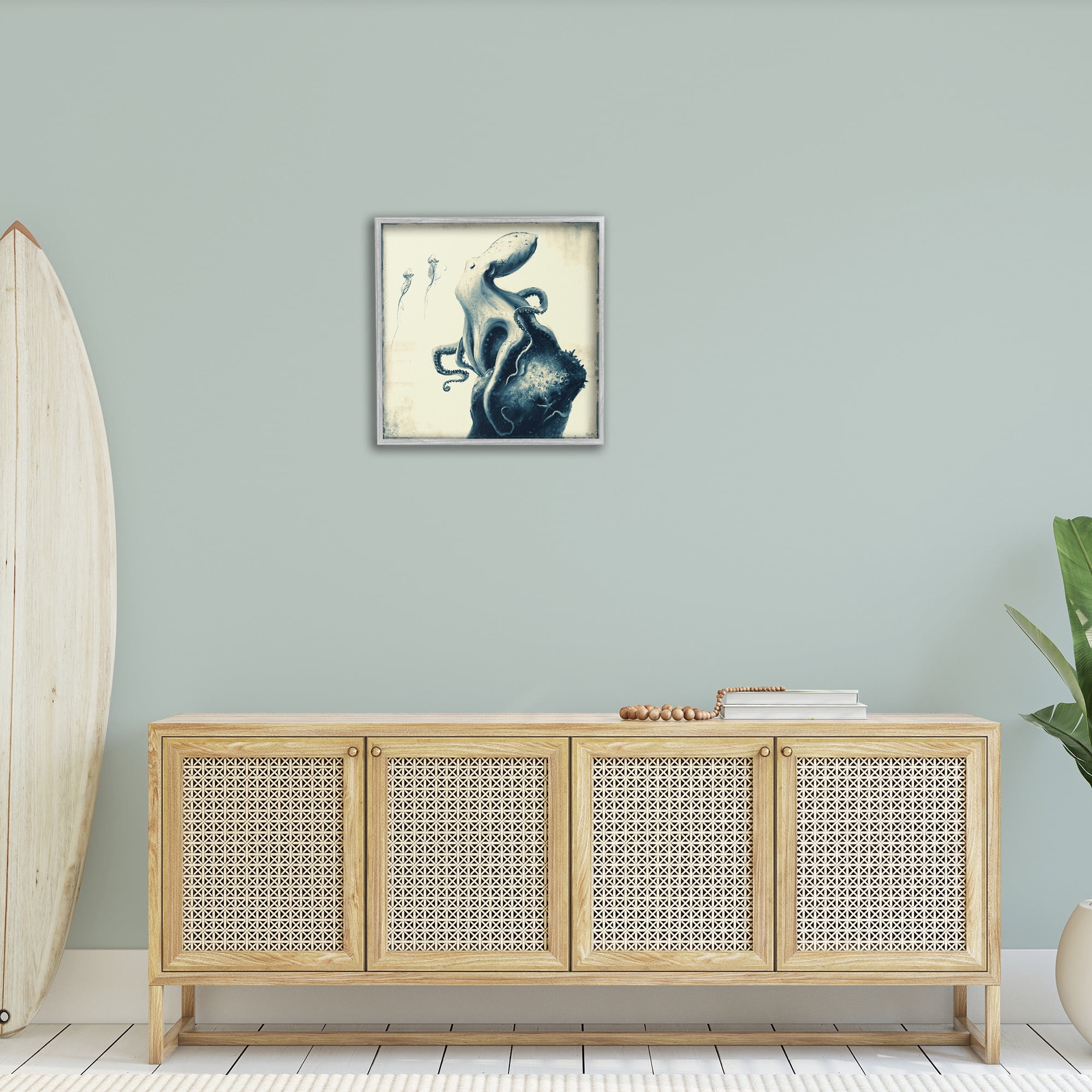Stupell Industries Vintage Octopus & Jellyfish Animals & Insects Painting Gray Framed Art Print Wall Art, 24 x 24