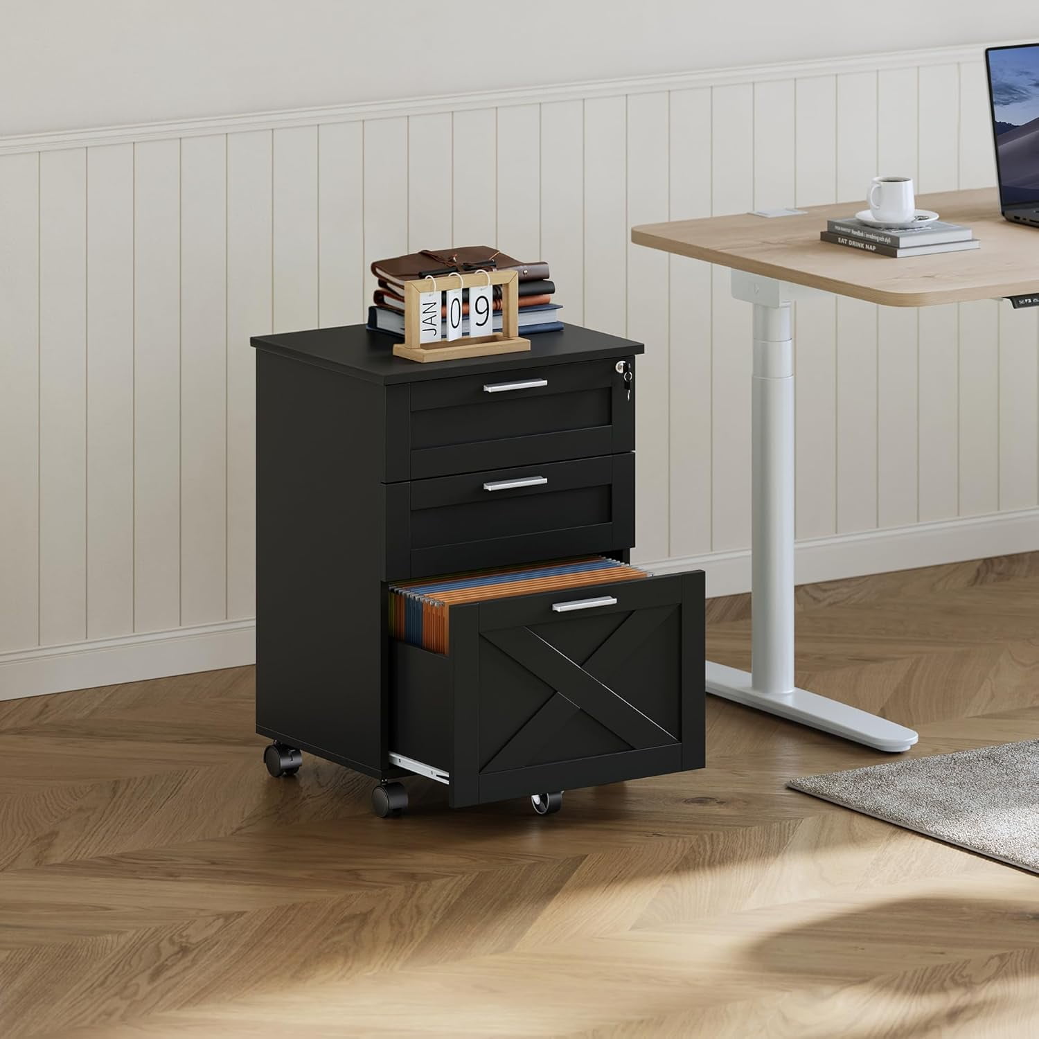 3-Drawer File Cabinet with Lock, Mobile Under Desk Filing Cabinet for Home Office, Wood Storage Organizer for Letter/a4/Legal Size Documents, Black