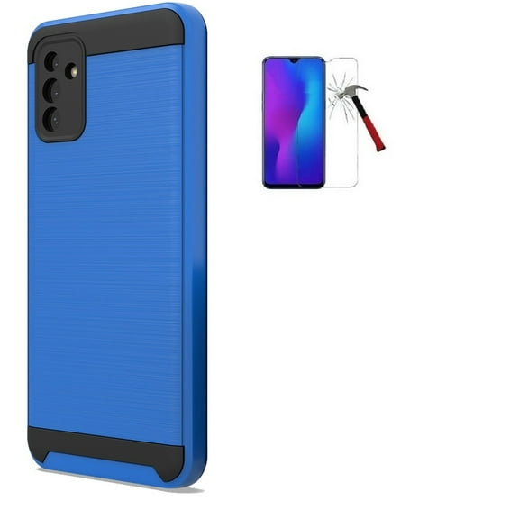 Phone Case for Samsung Galaxy A13 5G, Metallic Brushed Design Cover Case with Tempered Glass Screen Protector (Blue)