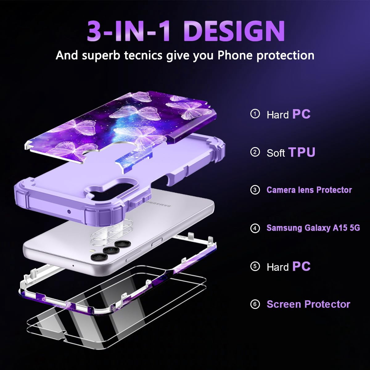 CASEFIV for Samsung Galaxy A15 5G Case,Heavy Duty Sturdy Shockproof Full Body Protection Rugged Hard PC+Soft TPU Bumper Case,Butterfly