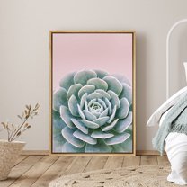 PixonSign Framed Canvas Print Wall Art Lily Pad Succulent on Pink Background Nature Plants Photography Realism Modern Scenic Colorful Green Pastel for Living Room, Bedroom, Office - 24"x36" Natural