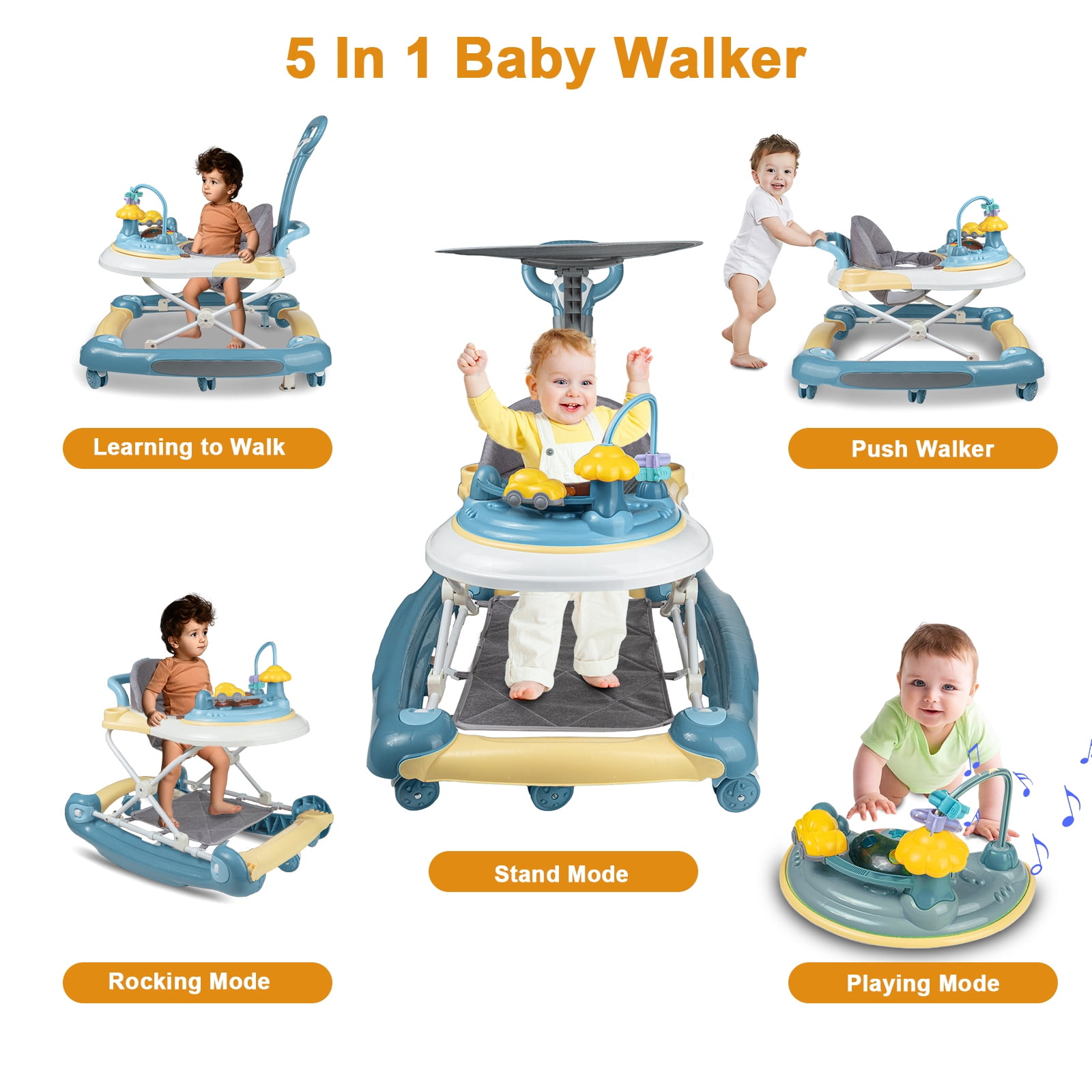 EONROACOO 5-in-1 Baby Walker for Boys Girls, Adjustable Infant Walkers with Wheels(Green)