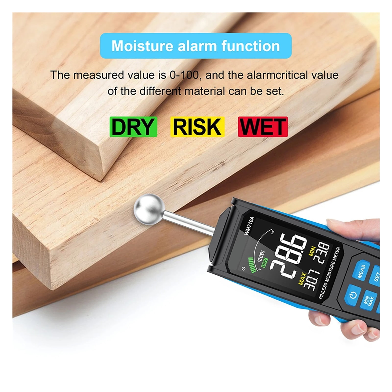 WM710A Digital Wood Moisture Meter Spherical Hygrometer Record Humidity Auto Timber Damp Detector