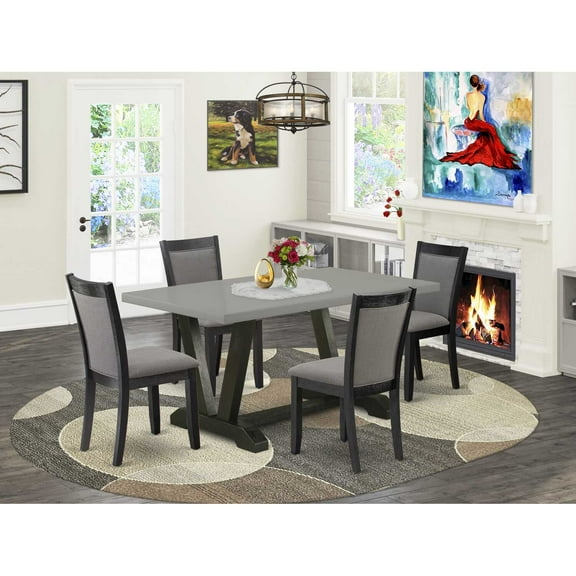 East West Furniture V-Style 5-Piece Wood Dining Set in Cement/Black/Dark Gray