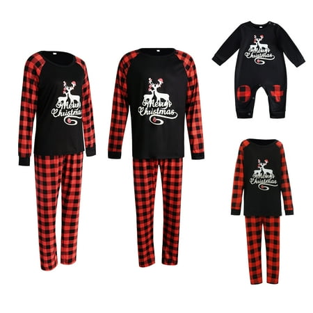 

Mioliknya Christmas Family Pajamas Set Letter Print Long Sleeve O-neck T-shirt+Plaid Print Trousers/Romper