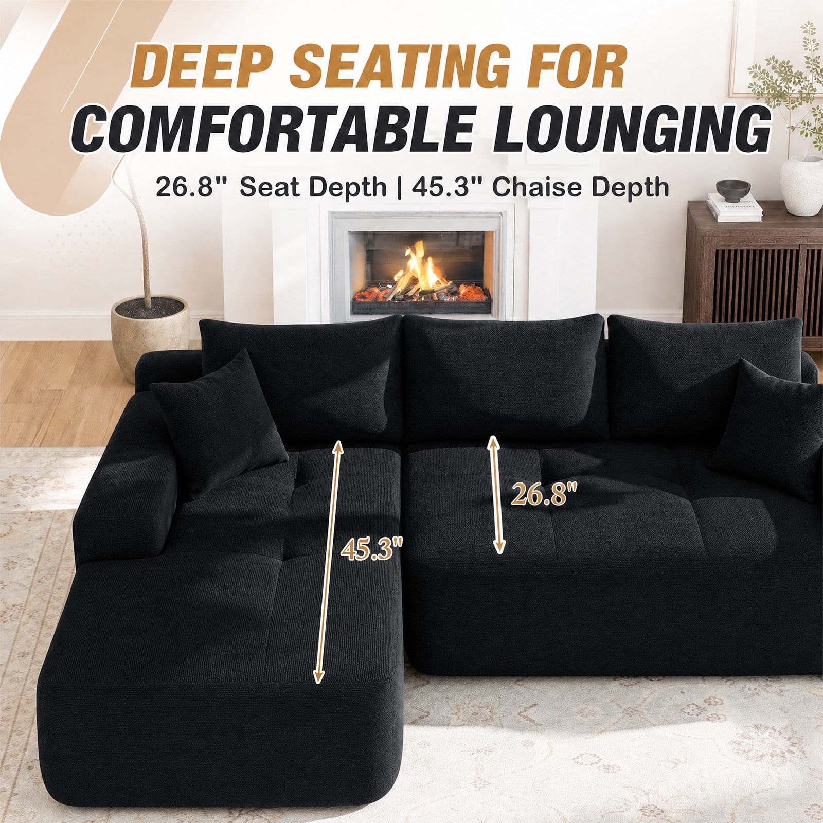 Lunale L-Shaped Modular Sectional Sofa with Left Chaise, No Assembly Required, Boneless Polyester Cloud Couch for Living Room, Black