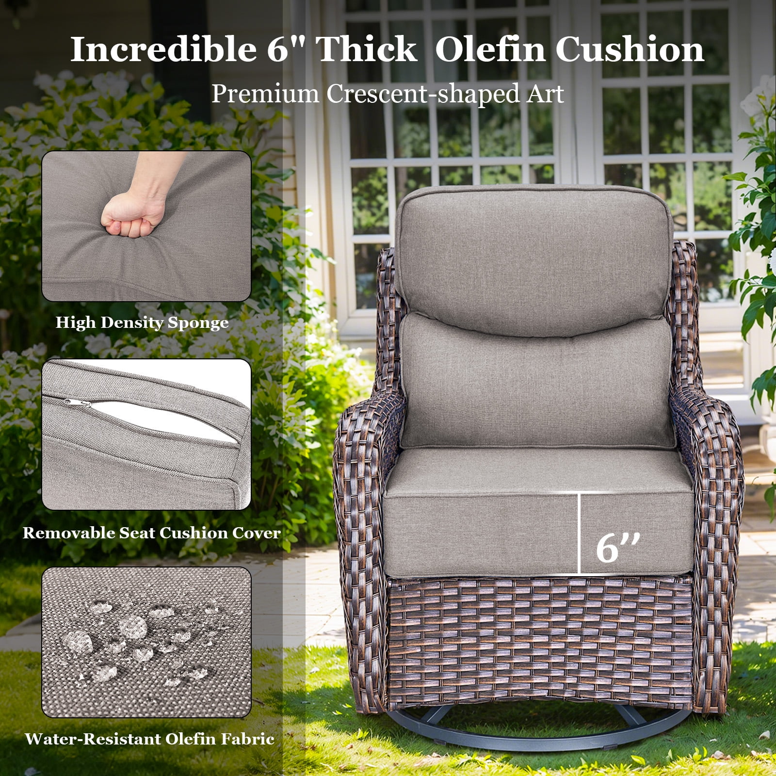 Planntonneo 5pcs Patio Furniture Set with Fire Pit Table, 4pcs Outdoor Wicker Swivel Chairs with 30" Propane Fire Table Square, 6inch Thickened Grey Cushions