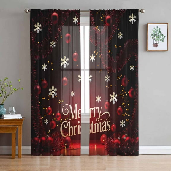 Merry Christmas Sheer Curtains 72 Inches Long, Vintage Red Ball Xmas Snowflakes Holiday Light Filtering Window Curtains for Living Room, Rod Pocket Voile Sheer Curtain Drapes, 52"Wx72"L, 2 Panels