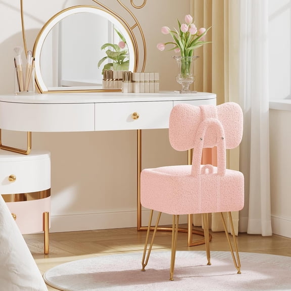 Small Vanity Chair with Storage and Folding Back, Pink Teddy Fleece Ottoman Footrest Stool for Bedroom Makeup Room