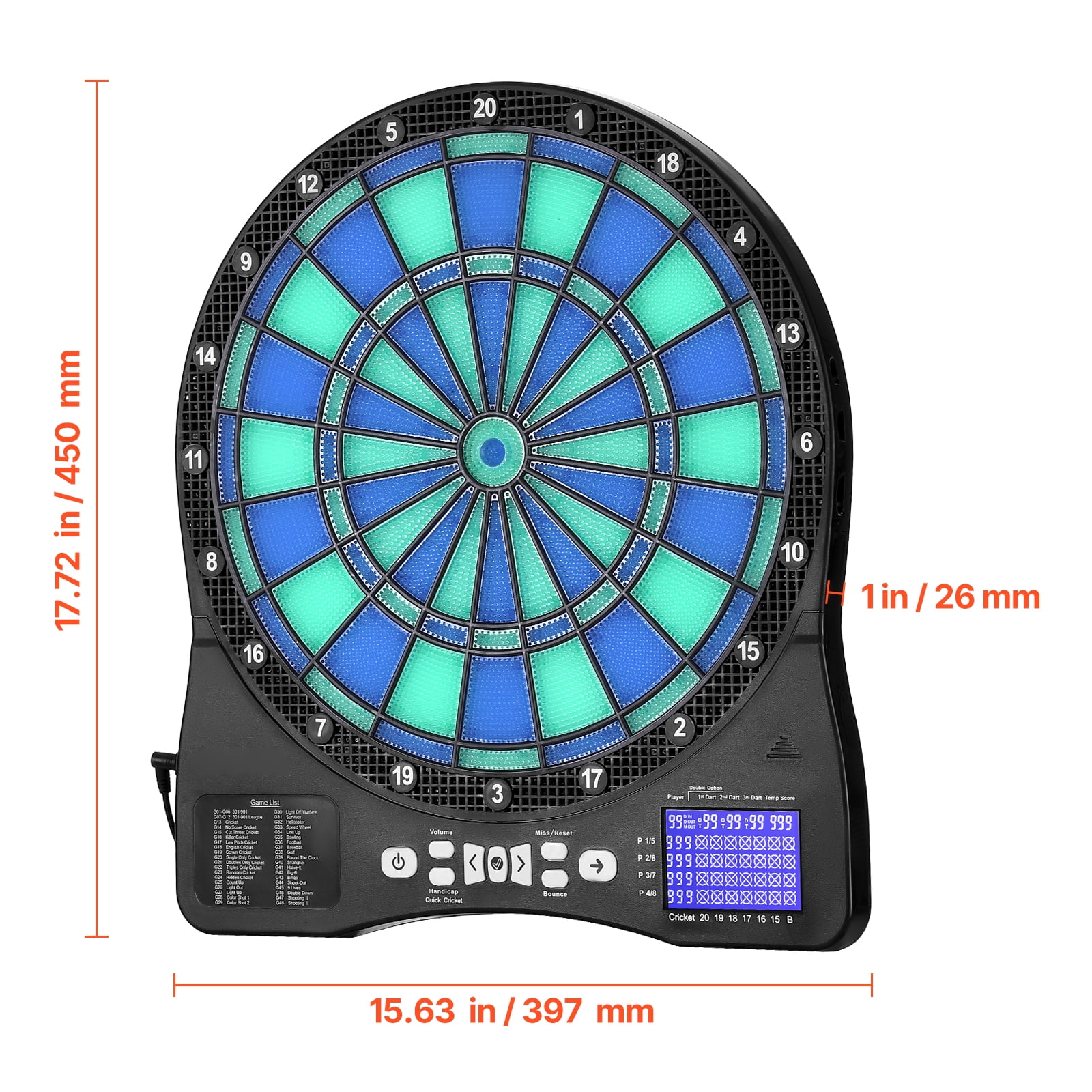 KFFKFF Electronic Dart Board with LED Lighting, Featuring 48 Games & Over 500 Variations, Includes 6 Darts with Flights and 50 Soft Tips, LCD Screen for Cricket Scoring - Accommodates Up to 8 Players
