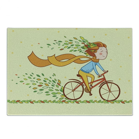 Bicycle Cutting Board, Girl Riding Bicycle in the Countryside Autumn Nature Colorful Leaves Flying in Wind, Decorative Tempered Glass Cutting and Serving Board, Small Size, Multicolor, by Ambesonne