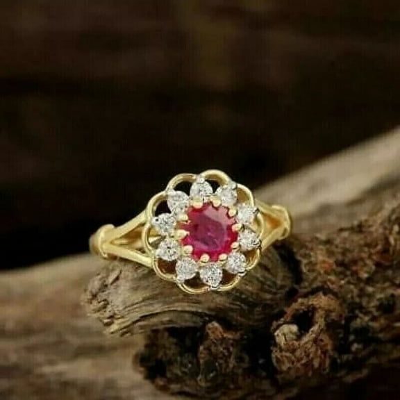 2.10Ct Round Cut Lab Created Pink Ruby Women's Wedding Pretty Ring 14k Yellow Gold Plated