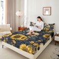 thumbnail image 3 of Manfei Gothic Skull Queen Sheets 4 Pieces, Halloween Vintage Sunflower Rose Queen Sheet Sets, Navy Gold Cream,1 Fitted Sheet, 1 Flat Sheet and 2 Pillowcases, 3 of 5