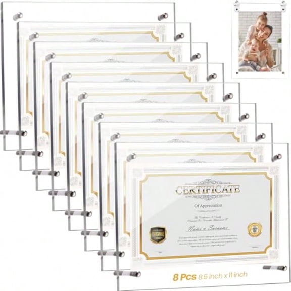 8 Pcs Acrylic Photo Frame 8.5 X 11'' Clear Floating Picture Frame Certificate Document Poster Award Diploma Display Tabletop Or Hanging Wall Mount For Back To School Teacher Student Gift Silver