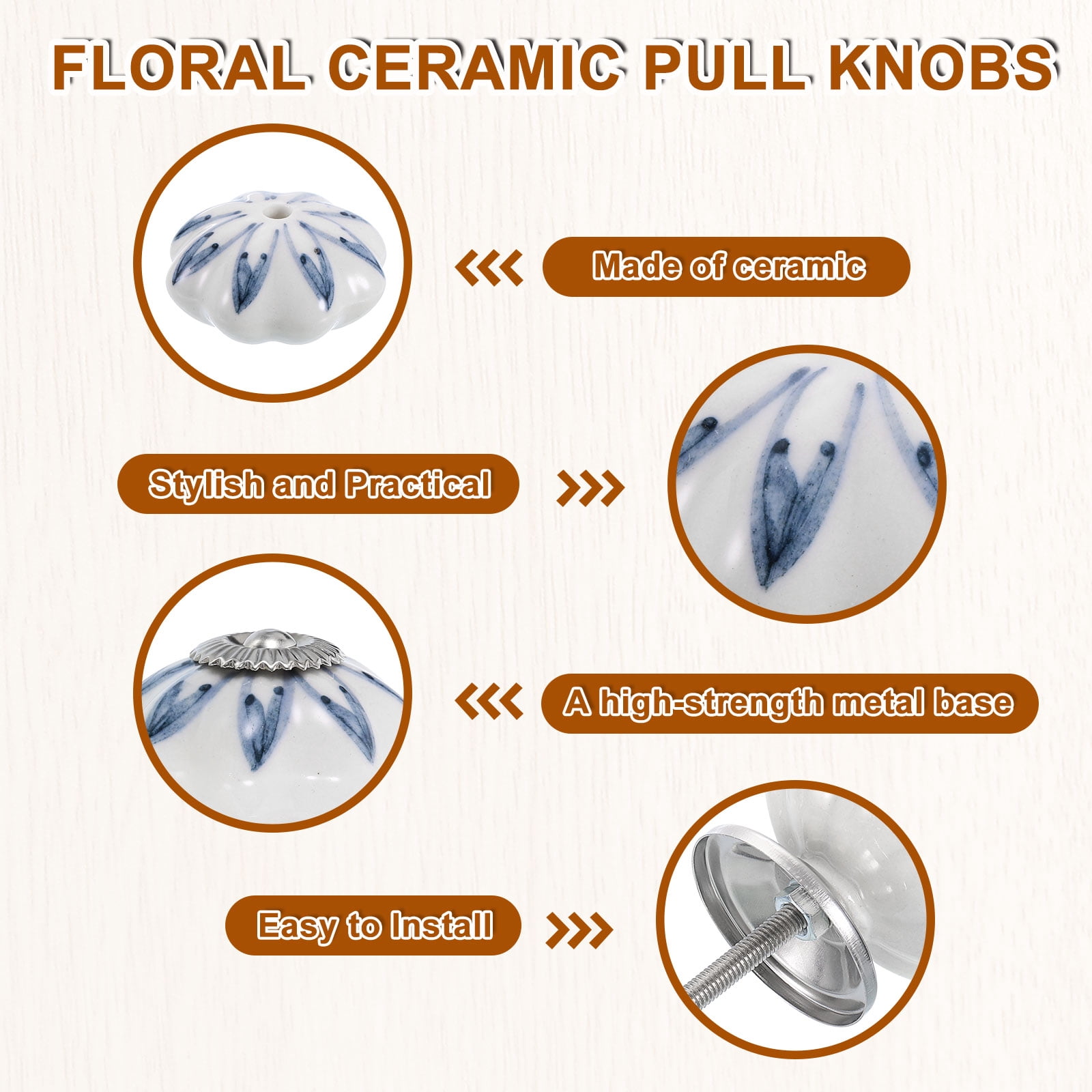 Uxcell 6 Pack Floral Ceramic Pull Knobs, Vintage Round Cabinet Knobs, Willow Leaf Blue Ceramic Knobs for Kitchen Cabinet