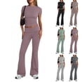 thumbnail image 2 of Cuhas.CA Ensembles pour Femmes Mode Couleur Unie Col Rond Manches Courtes Haut Pantalon Large Ensemble Jogging pour Femmes, TG, 2 of 7