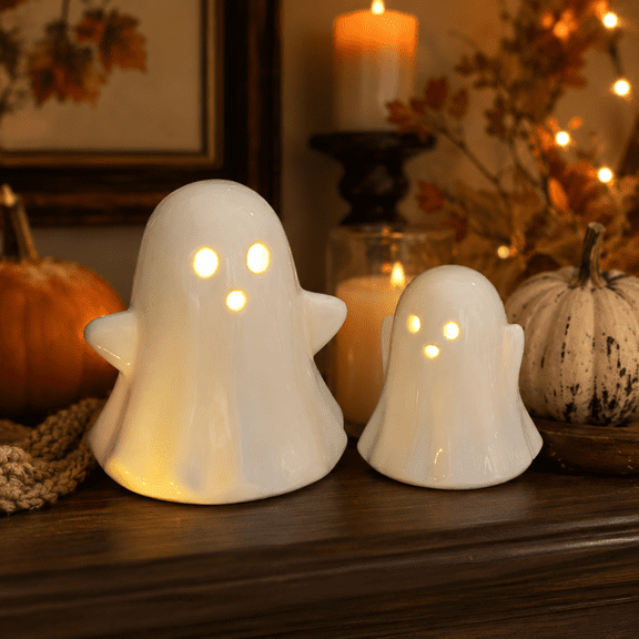 2Pc Lighted Ceramic Ghost Figurines Halloween Tabletop Decorations For Mantel Shelf Entryway Bedroom Living Room And Indoor Fall Display Multicolor