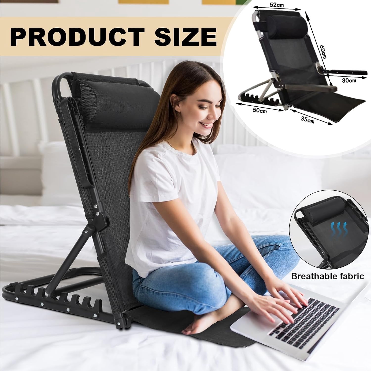 Bed Backrest Support,Portable Folding 6 Level Adjustable Sit up Back Rest, Elevated Bed Back with Headrest,Breathable Sit-up Back Rest for Elderly Patient Back Neck Head Lumbar Support,Blue