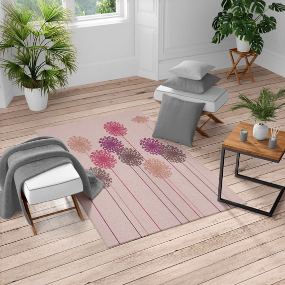 Dandelion Turkish Area Rug, Abstract Wildflower Silhouettes Botanical Inspirations Meadow in Summer Season, Carpet for Living Room Decor with Distressed Look, 6.6' X 9.6', Pastel Pink, by Ambesonne