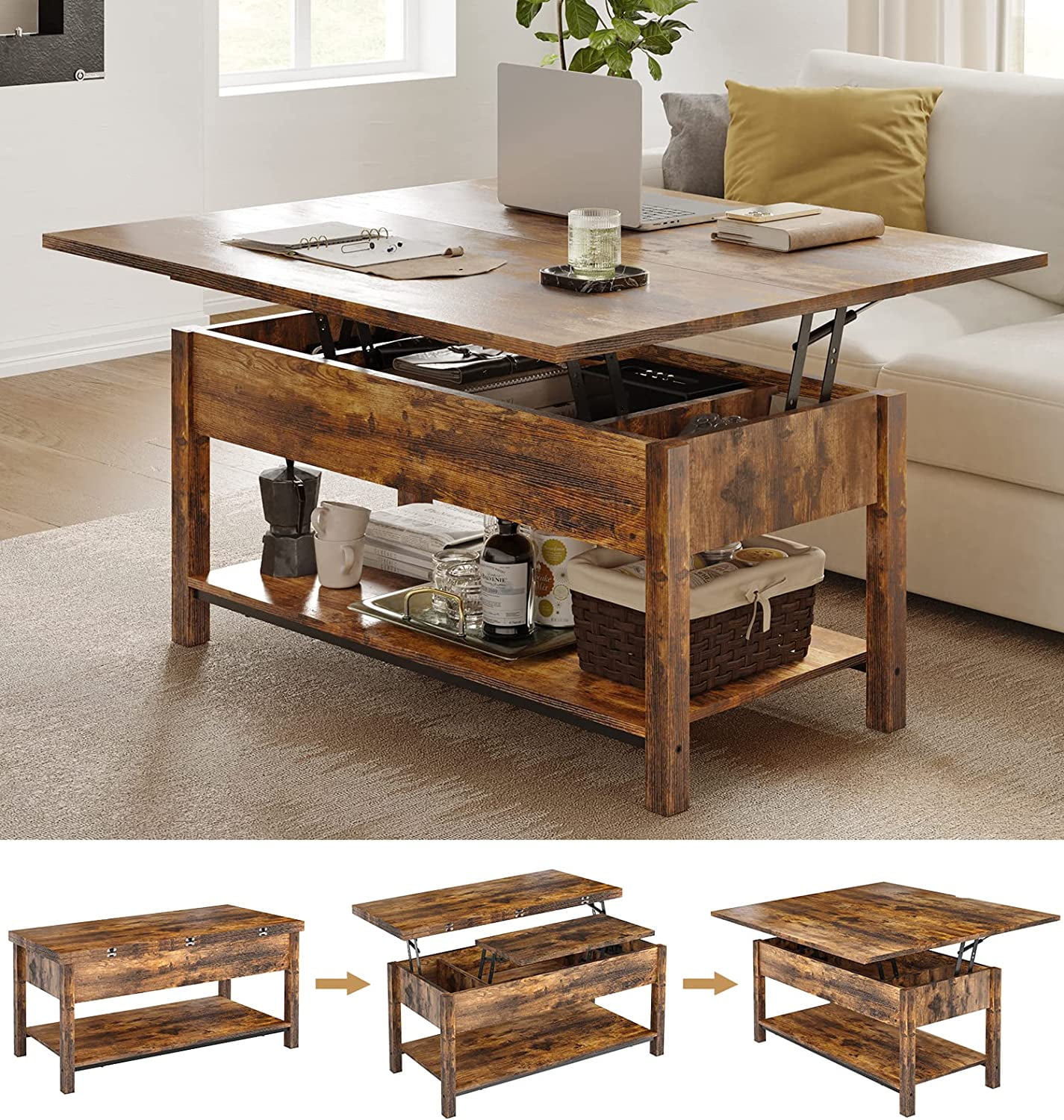 YELROL Lift Top Coffee Table 4in1 MultiFunction Convertible Coffee