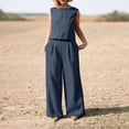 thumbnail image 2 of Women's Cotton Linen 2 Piece Outfit Sleeveless Casual Solid Color Elegant Lounge Sets Loose Clothes for Ladies Soft Tracksuits Round Neck Tops Wide Leg Pants Sets Dark Blue M, 2 of 9