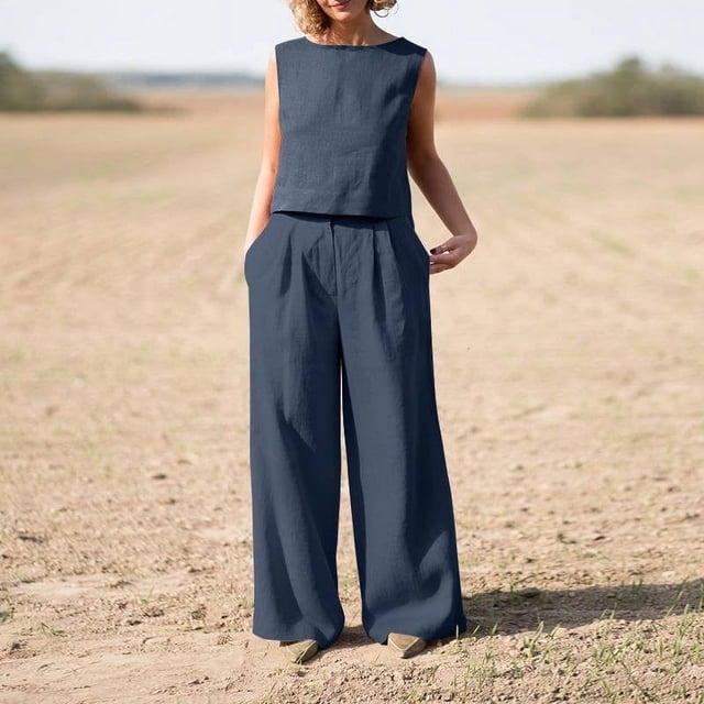 Soldes d'Hiver! PEZHADA Ensembles de Détente pour Femmes, 2 Pcs Mode Femme Col Rond Sans Manches + Pantalons Amples avec Poches Bleu Foncé TTG