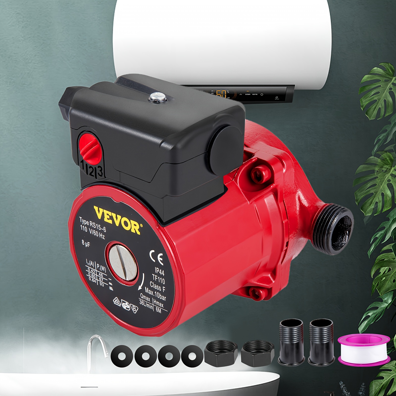VEVOR Recirculating Pump, 93W 110V Water Circulator Circulating Pump NPT 3/4" W/Brass Fittings, 3-speed Control Recirculation 9.5 GPM RS15-6 For Electric Water Heater System