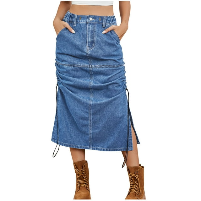 FAIWAD Women's Summer Trendy Denim Skirt High Waist Drawstring Ruched Side Slit Loose Denim Skirt with Pockets