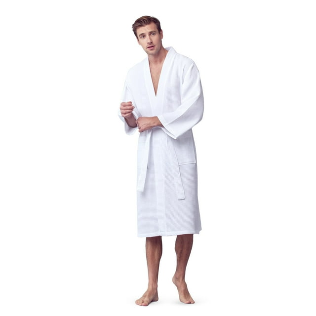 Bath Robe with Slipper Set - Waffle Square Pattern Spa Garment with 2 Front Pockets, Flat Collar & Belt - 60% Cotton and 40% Polyester Blend - Absorbent, Breathable, Lightweight & Soft Fabric for Men