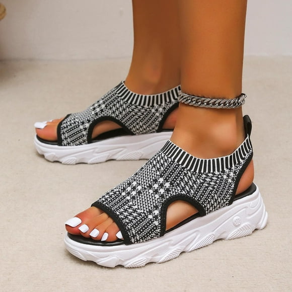 Latrodar Flat Sandals for Women Women's Sandals Comfortable Running Stretchy Beach Sandals Pull-On Round Toe Shoes Low Heel (1"-2") Wide Solid Sandals for Lady Mother's Day Gifts