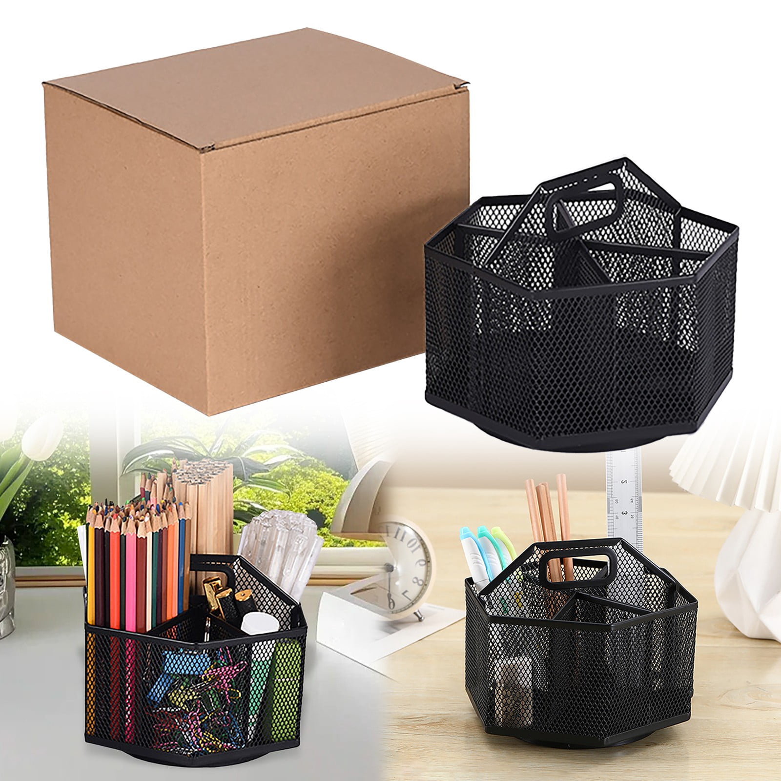 Pencil Holder with Handle, Rotating Desk Organizer, Mesh Desk Organizer Rotate with 6 Compartments – Metal Pen Organizer, Office Desk Accessories, 1 Pcs, 7.09x5.51"(Black)