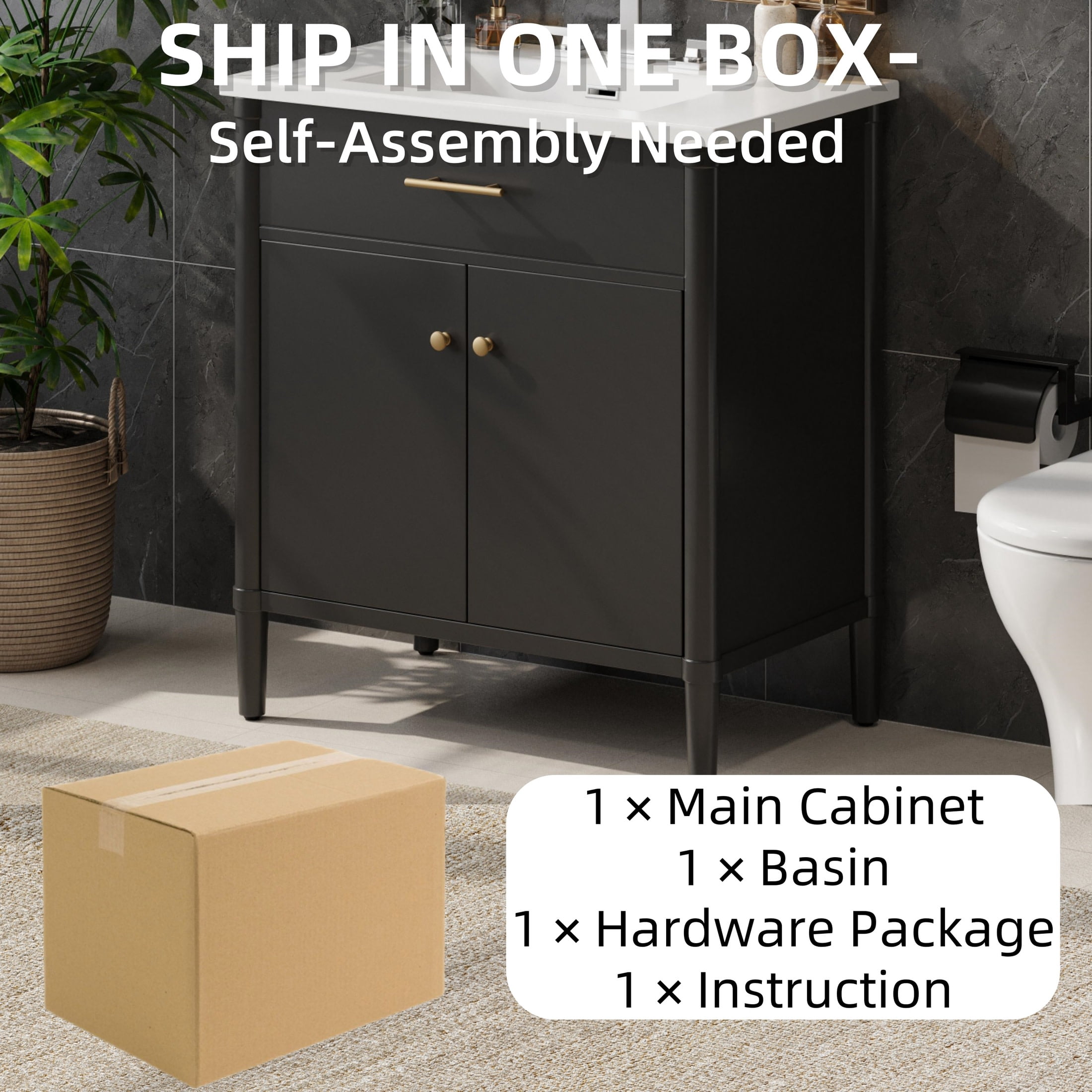 Christopher Knight Home 31" Modern Bathroom Vanity, Adjustable Shelf Cabinet with Ceramic Sink, Black