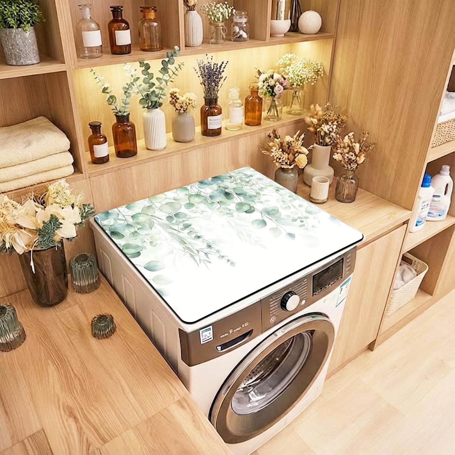 Non-Slip Washer & Dryer Top Cover Protector Mat Dust-Proof Washing Machine Cover Pad With Green Leaf Design Universal 23.6"x19.7" for Laundry Room & Kitchen Decor