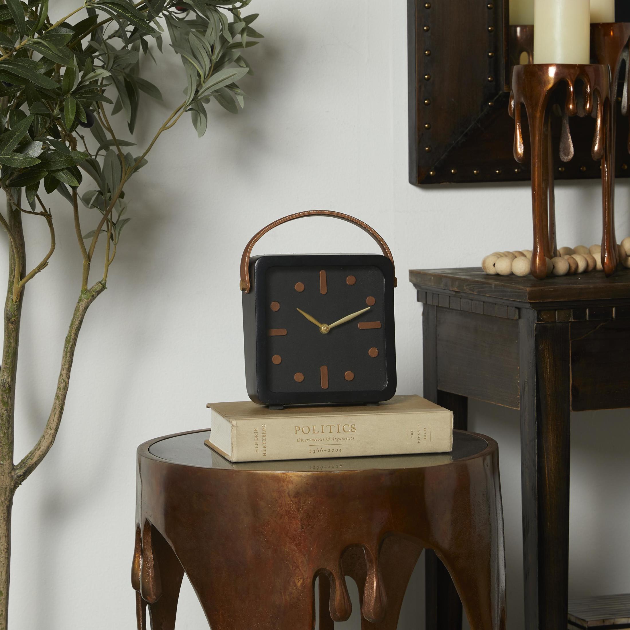 DecMode 8" Black Metal Small Clock with Leather Handle and Hour Markers