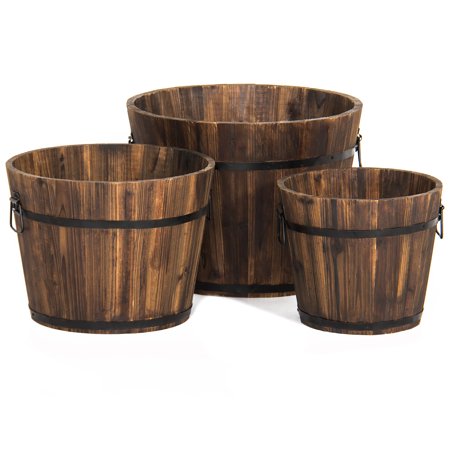 Vintage Baby Planters Best Choice Products Set of 3 Indoor Outdoor Patio Garden Wooden Barrel Planters with Drainage Holes and Side Handles, Brown ()