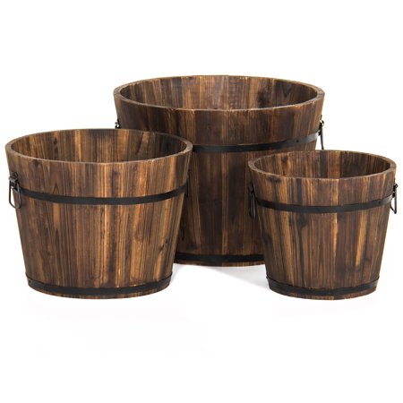 Best Choice Products Set of 3 Indoor Outdoor Patio Garden Wooden Barrel Planters with Drainage Holes and Side Handles, (Best Water For Indoor Plants)