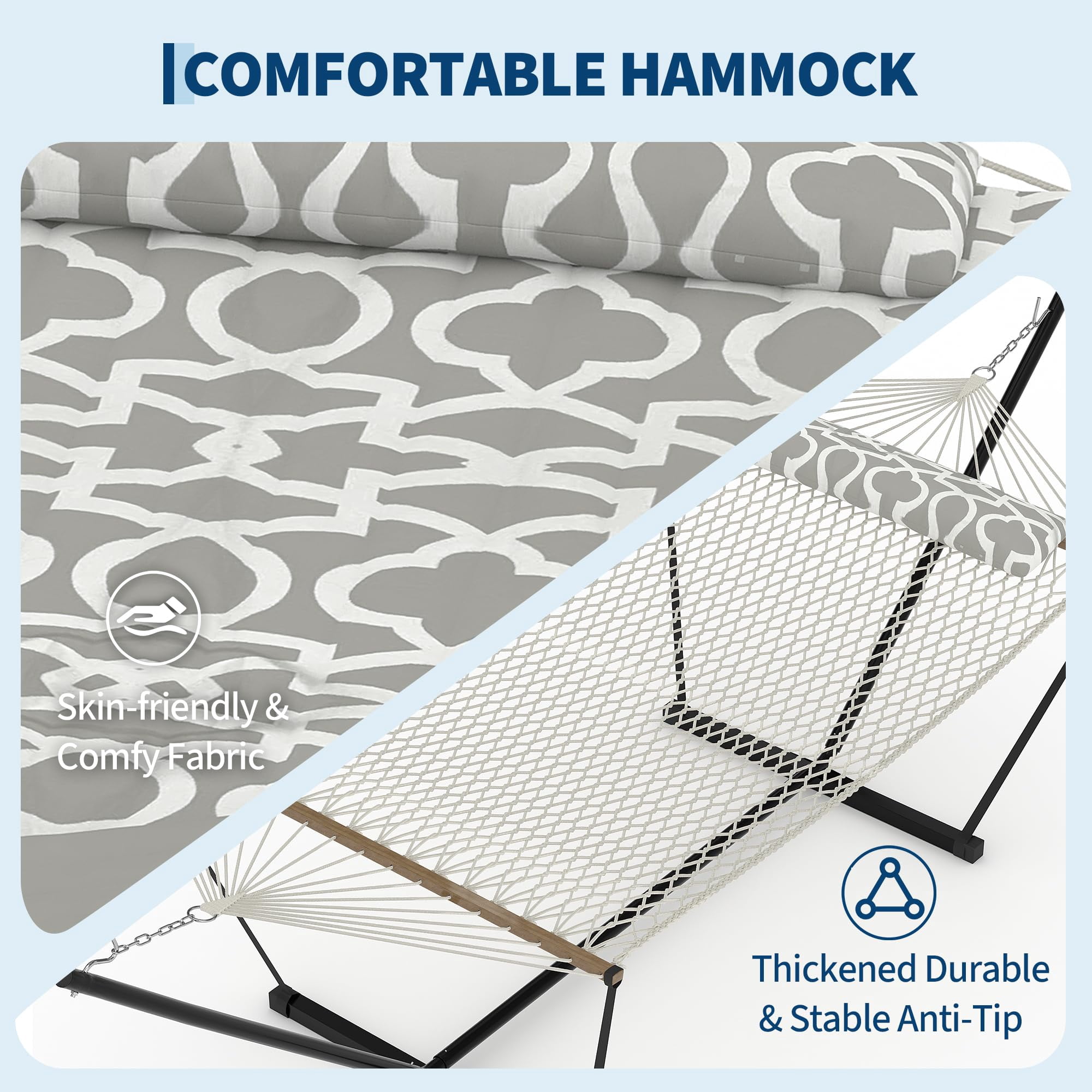 Portable Hammock with Stand & Carry Bag, Heavy Duty 450Lb Capacity, Quilted Polyester & Net Design, for Indoor & Outdoor Use, Light Gray