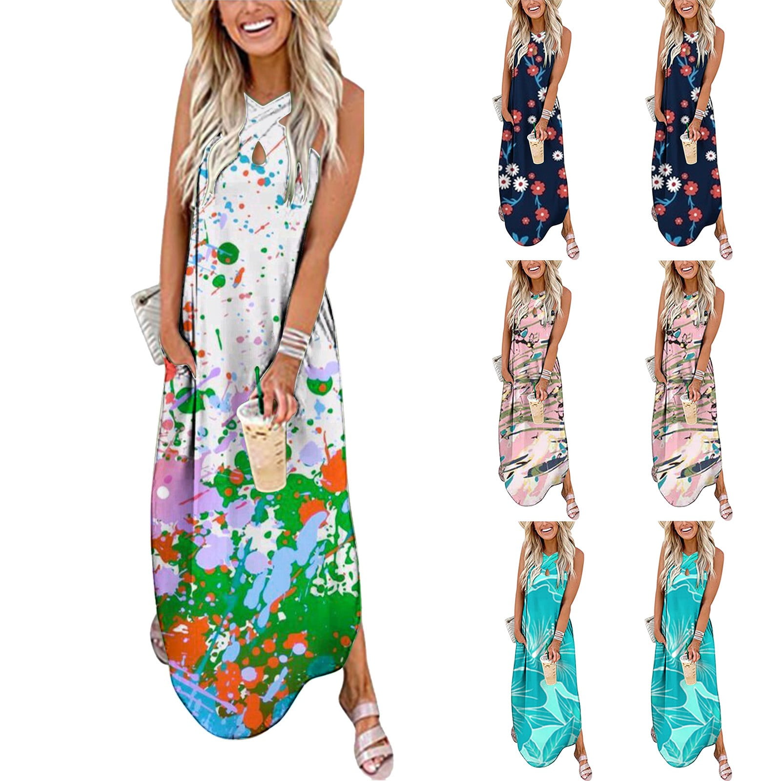 Gosuguu Maxi Dress for Women, Women's Casual Loose Sundress Long Dress  Sleeveless Split Maxi Dresses 2024 Summer Beach Dress with Pockets Open Box  Deals Deals Under 5 Dollars #5 
