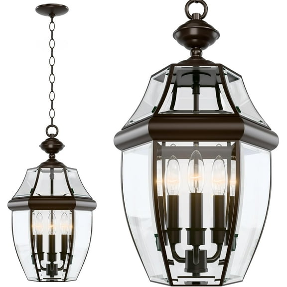 Large Outdoor Pendant Light Fixture 3-Light, 20in Modern Bronze Outdoor Chandelier Hanging Porch Light, Metal Exterior Ceiling Mount Hanging Lantern with Clear Glass for Front Door, Entrance, Gazebo
