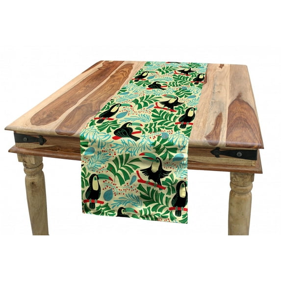 Tropical Table Runner, Endemic Toucan Bird Pinnate Leaves Berries Colorful Cartoon Animals, Dining Room Kitchen Rectangular Runner, 3 Sizes, by Ambesonne