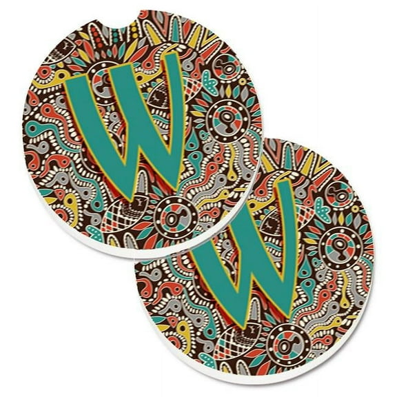 Letter W Retro Tribal Alphabet Initial Set of 2 Cup Holder Car Coaster