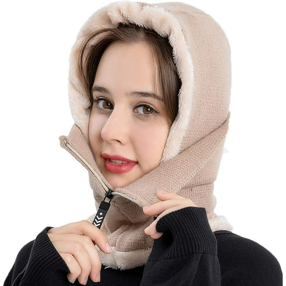 Women Winter Fleece Lined Balaclava Windproof Warm Knit Full Cover Hooded Cap