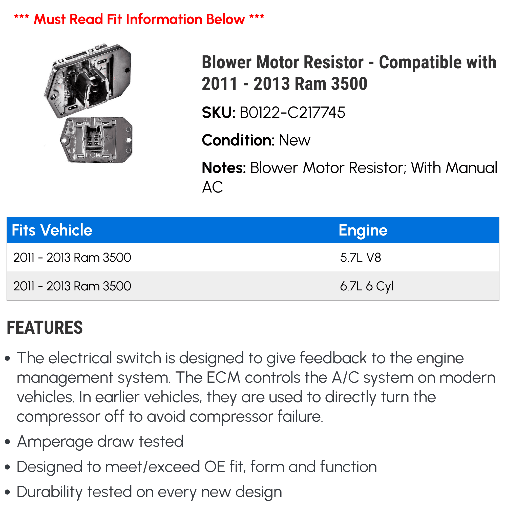 Blower Motor Resistor - Compatible with 2011 - 2013 Ram 3500 2012