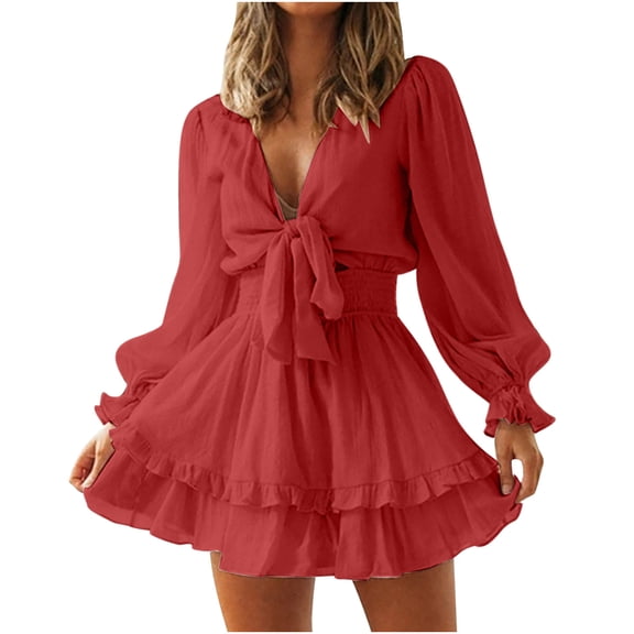 LLYwey Sundresses for Women and Winter V-Neck Long Sleeve Ruffle Lace Solid Dresses New Cocktail Dresses Red M