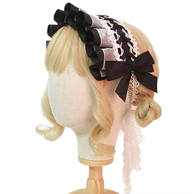 Girls Ruffles Lace Flower Hairband Ribbon Bows Headdress Maid Lolita Headband 