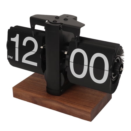 Xirurus Digital Flip Down Clock Retro Automatic Turning Battery Operated Mechanical Desk Clock for Home Office Decor, Matte Black Wood Base (8.07 inches / 20.5 cm)